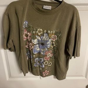 Thrifted flower olive green top